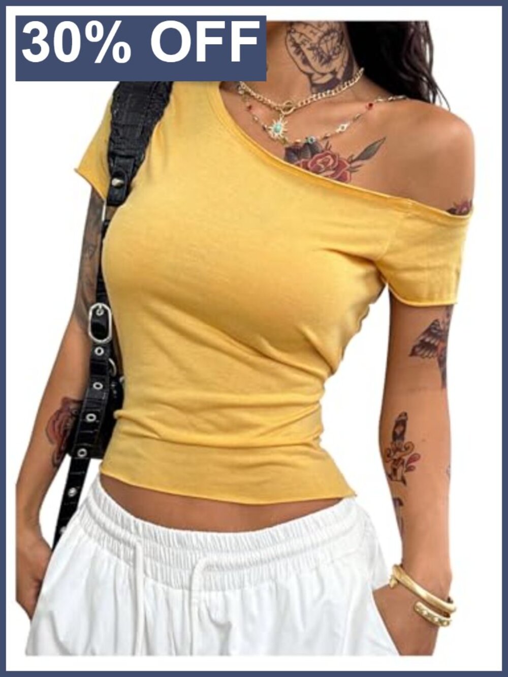 Women's Off Shoulder Fitted Tee Asymmetrical Y2K Shirt Summer Casual